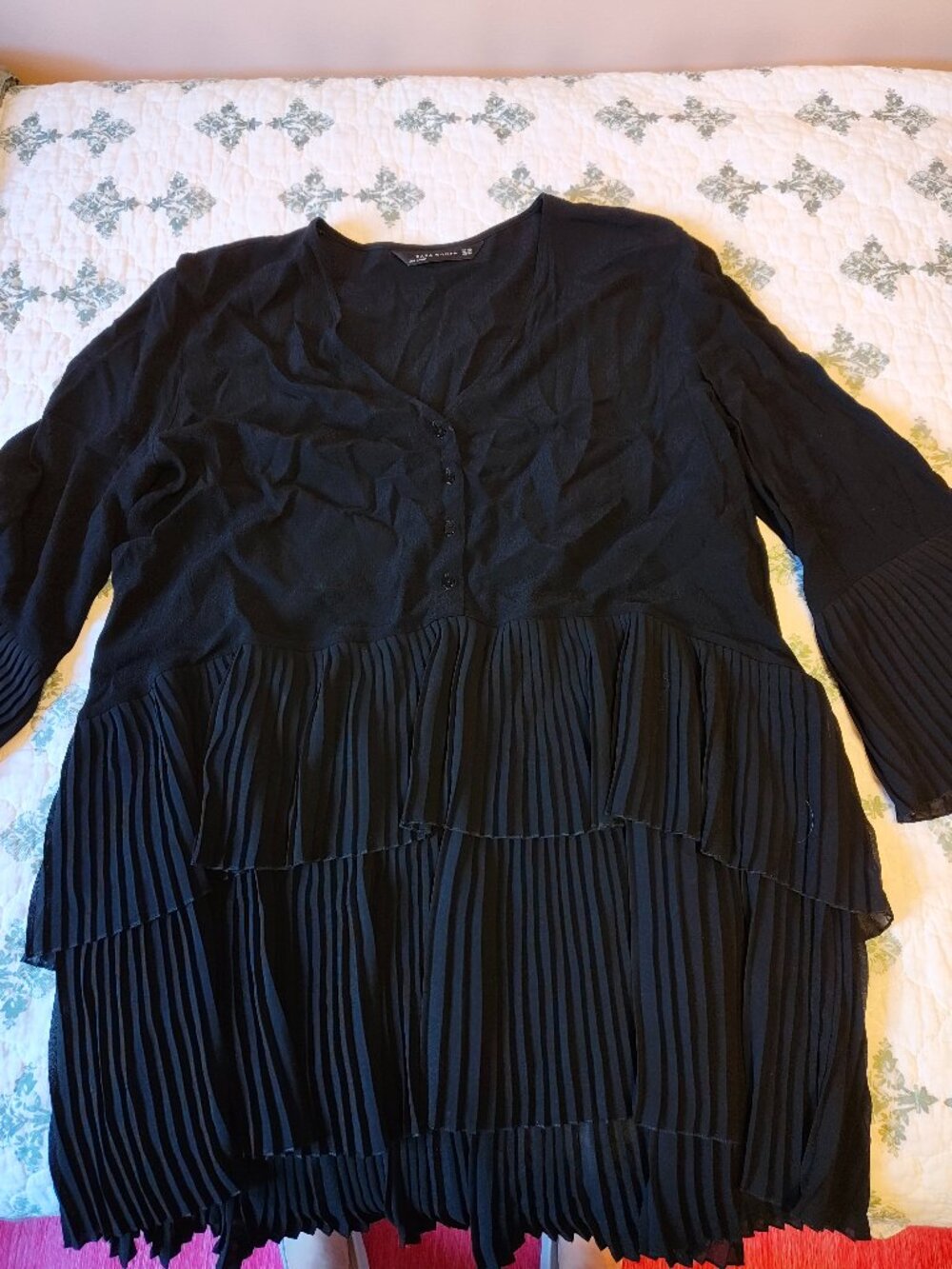 Zara Woman Tiered Pleated Ruffle Button Front Tunic Blouse Black Size XXL